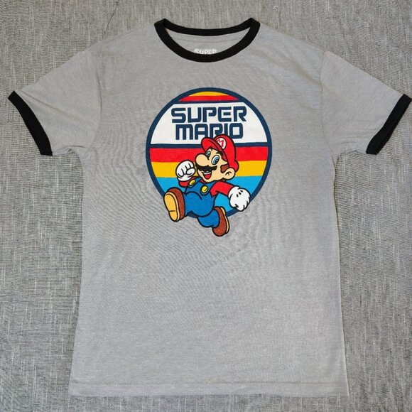 Nintendo Other - Super Mario Nintendo Ringer T-Shirt Boys Size Large Gray Blue Cotton Crewneck